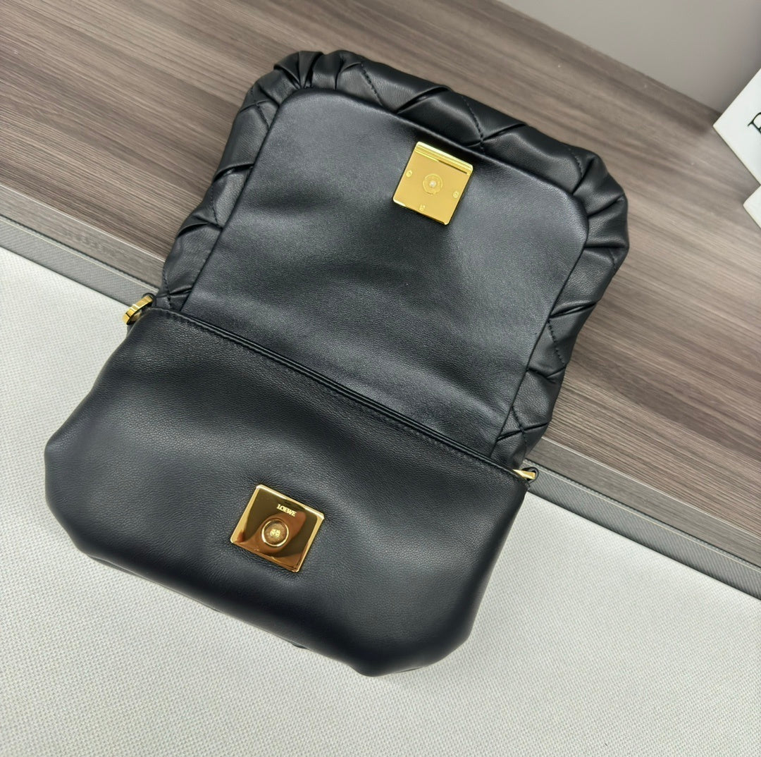 Loewe Puffer Goya Black Quilted Leather Crossbody Bag With Gold Logo Accent 062465