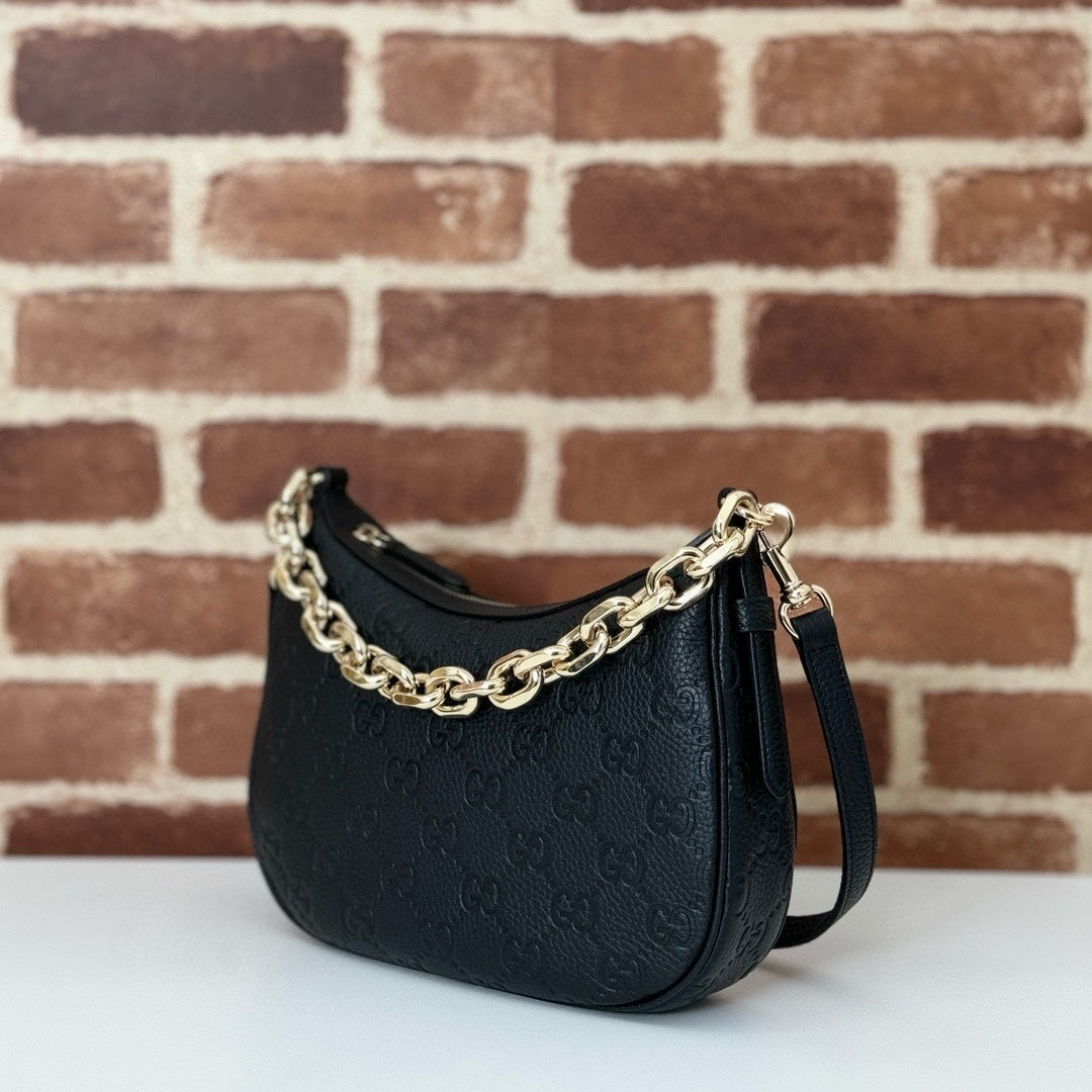 Gucci Black Embossed GG Leather Hobo Bag with Chunky Gold - Tone Chain Accent 815409