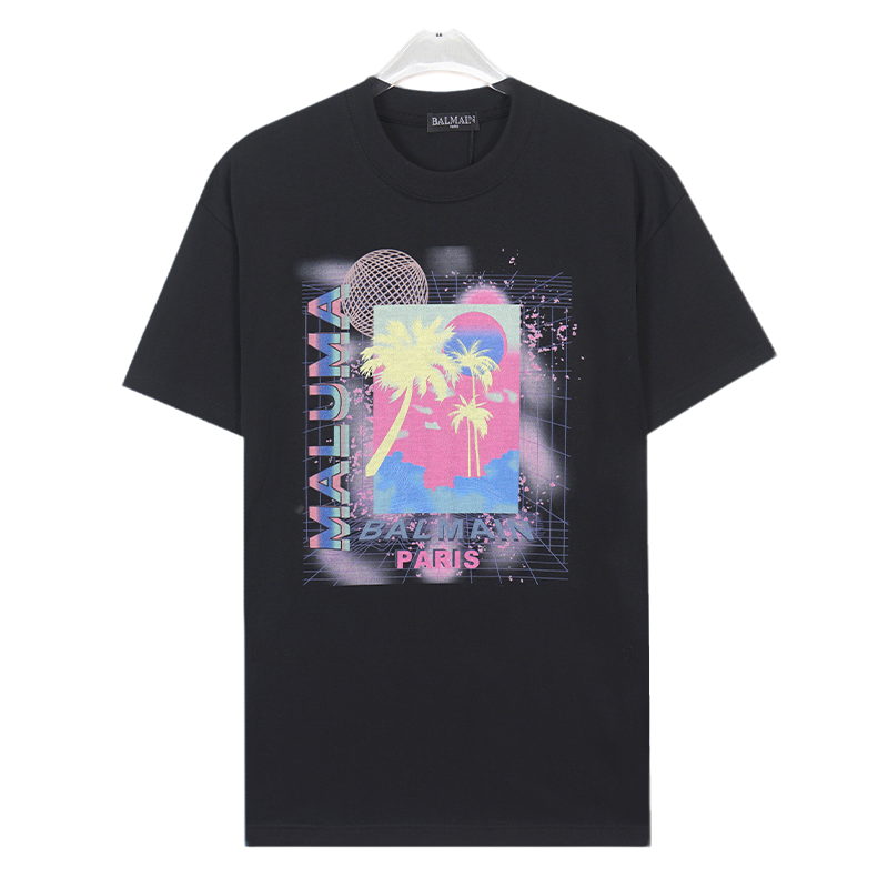 Balmain Black/White Tee With Retro Palm Tree Graphic For Trendy Streetwear Looks