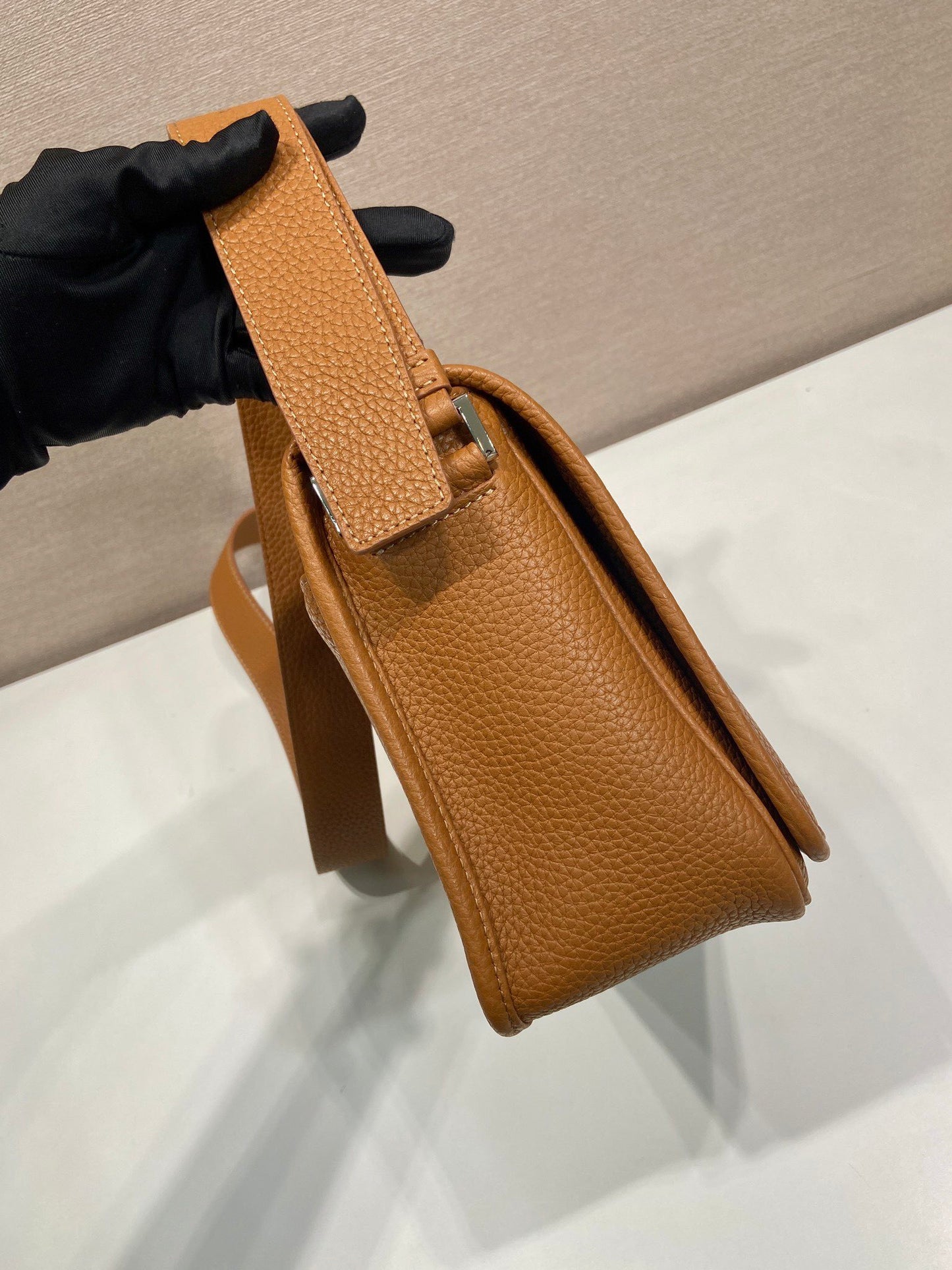Prada Brown/Black/Gray Grained Leather Crossbody Bag With Signature Logo Plate 2VD075