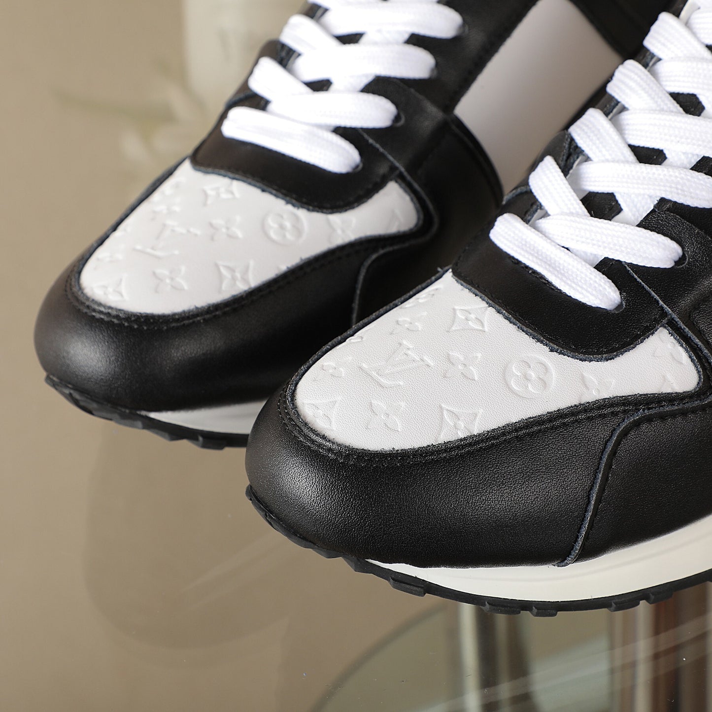 Louis Vuitton Women's Black and White Fashion Sneakers with Prominent Logo