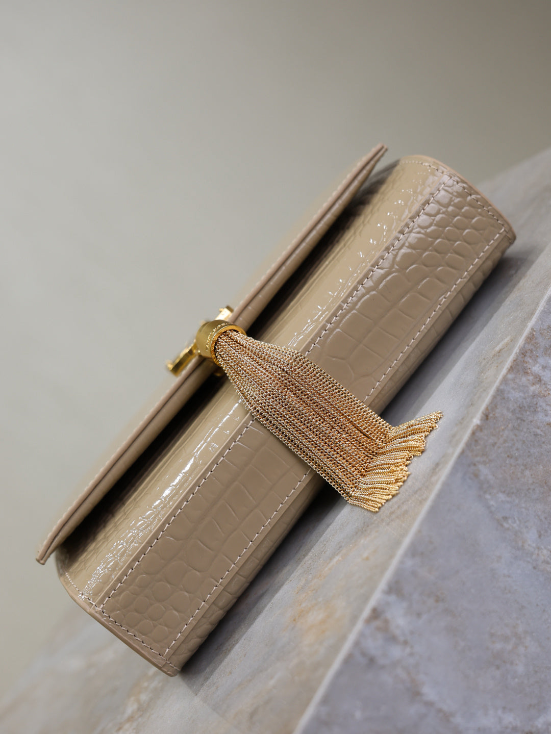 Chic Beige Croc - Embossed YSL KATE Crossbody Bag with Tassel 469390