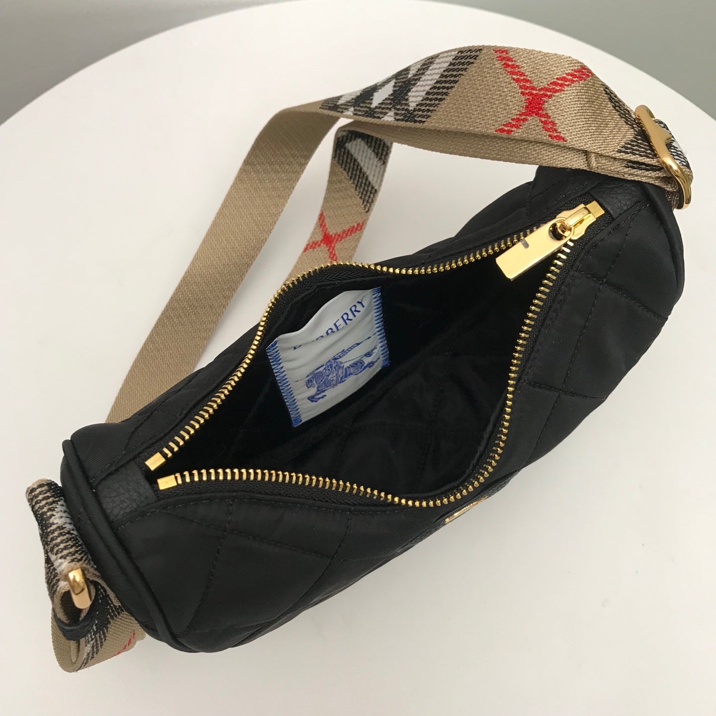 Stylish Black/Red Quilted Burberry Crescent Bag With Checkered Strap And Gold Logo Style No.235