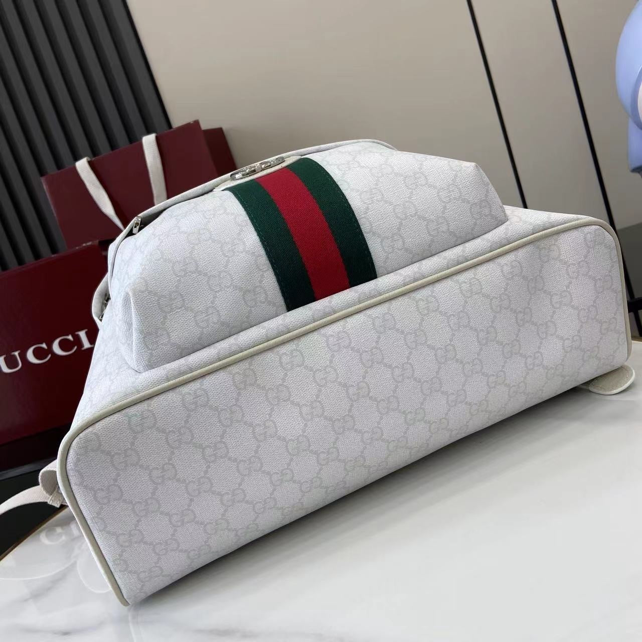 Gucci White GG Supreme Canvas Backpack With Web Stripe And Silver Tone Double G 834466