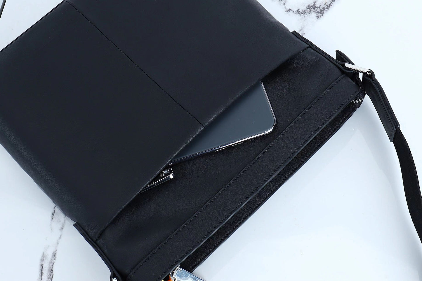 Black Bally Leather Crossbody Bag With Signature White Striped Accent And Adjustable Strap Style No.5855