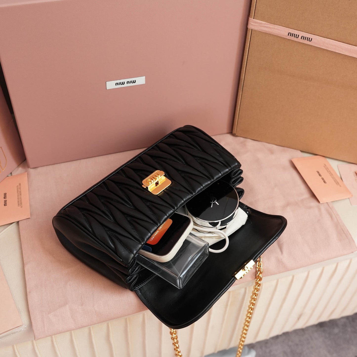 Miu Miu Black Quilted Leather Crossbody Bag With Gold Chain Strap 5BD266