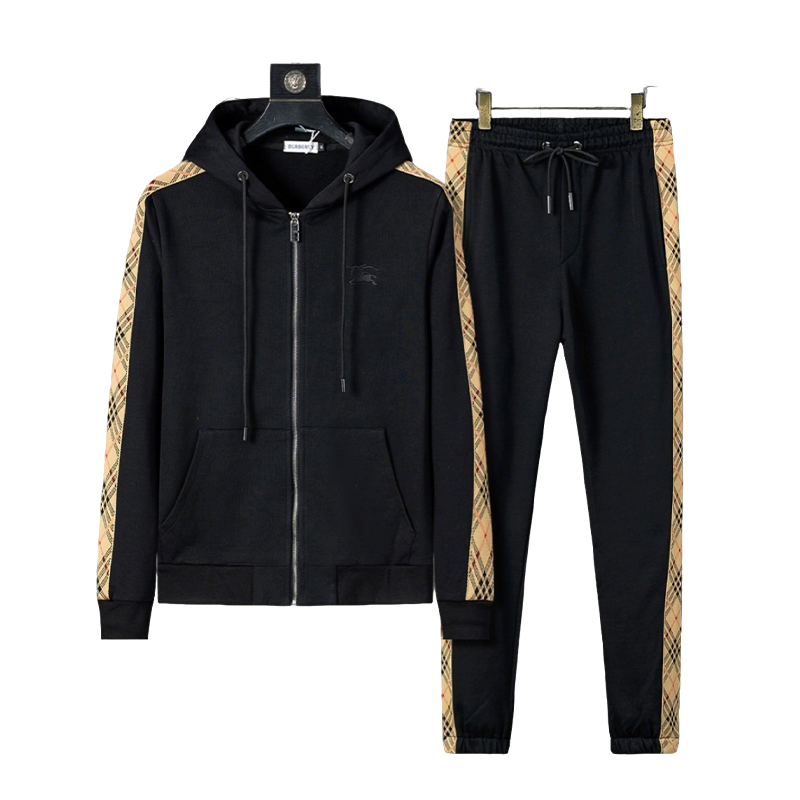 Burberry Men's Black Hooded Tracksuit With Plaid Side Details