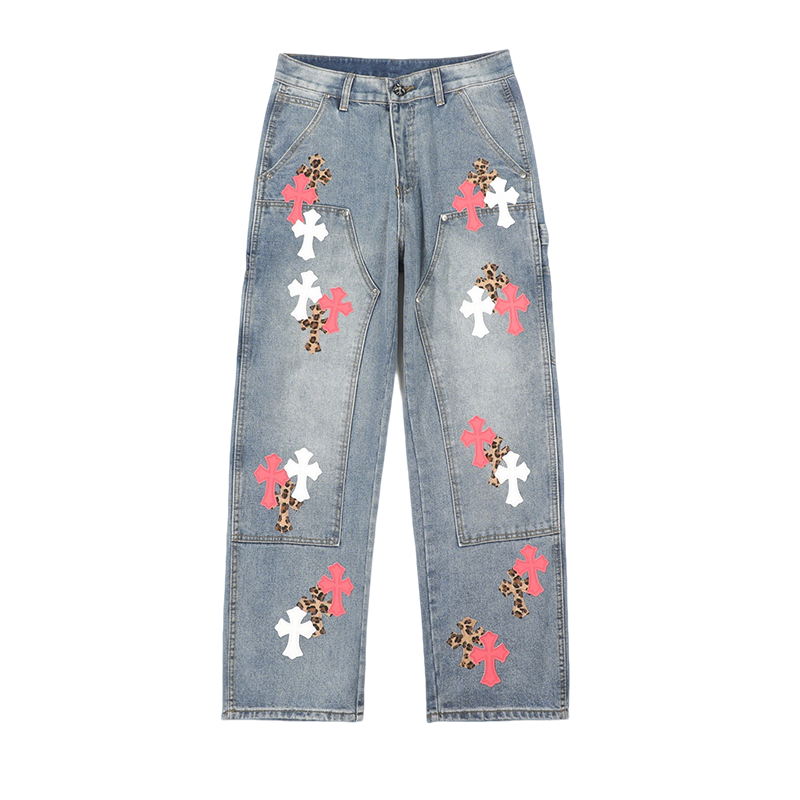 Chrome Hearts Inspired Men's Blue Jeans With Cross And Leopard Patches