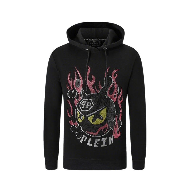 Philipp Plein Black Hoodie With Embellished Devil Character And Flame Design