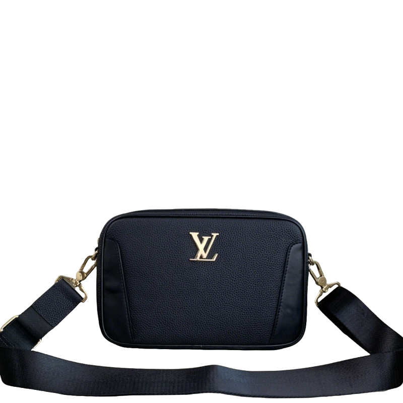 Elegant Black Louis Vuitton Crossbody Bag with Gold Logo and Adjustable Strap