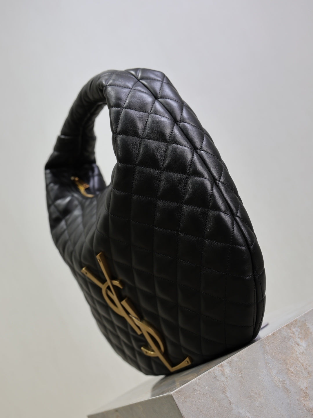 Stylish Black/Brown Quilted YSL Hobo Bag With Gold Logo 698652