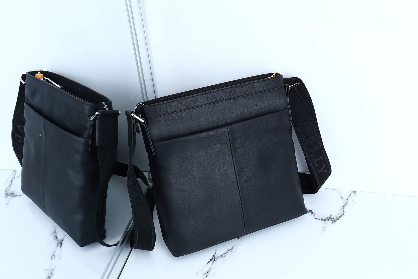 Black Bally Leather Crossbody Bag With Signature White Striped Accent And Adjustable Strap Style No.5855