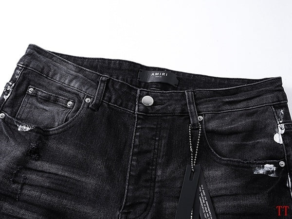 Amiri Black Distressed Jeans With Plaid Patches And Paint Splatters