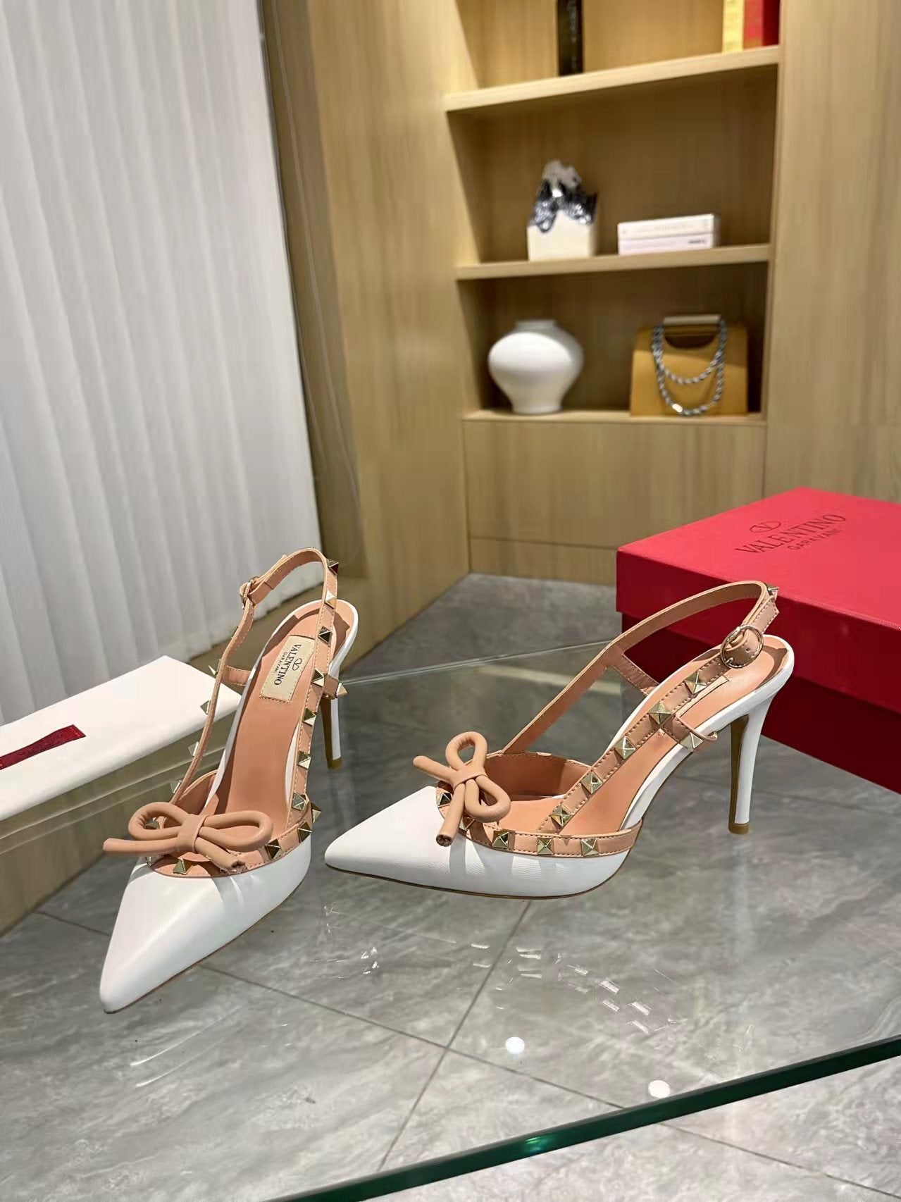 Valentino Women's Rockstud Bow Slingback Pumps Luxury Pointed Toe High Heels