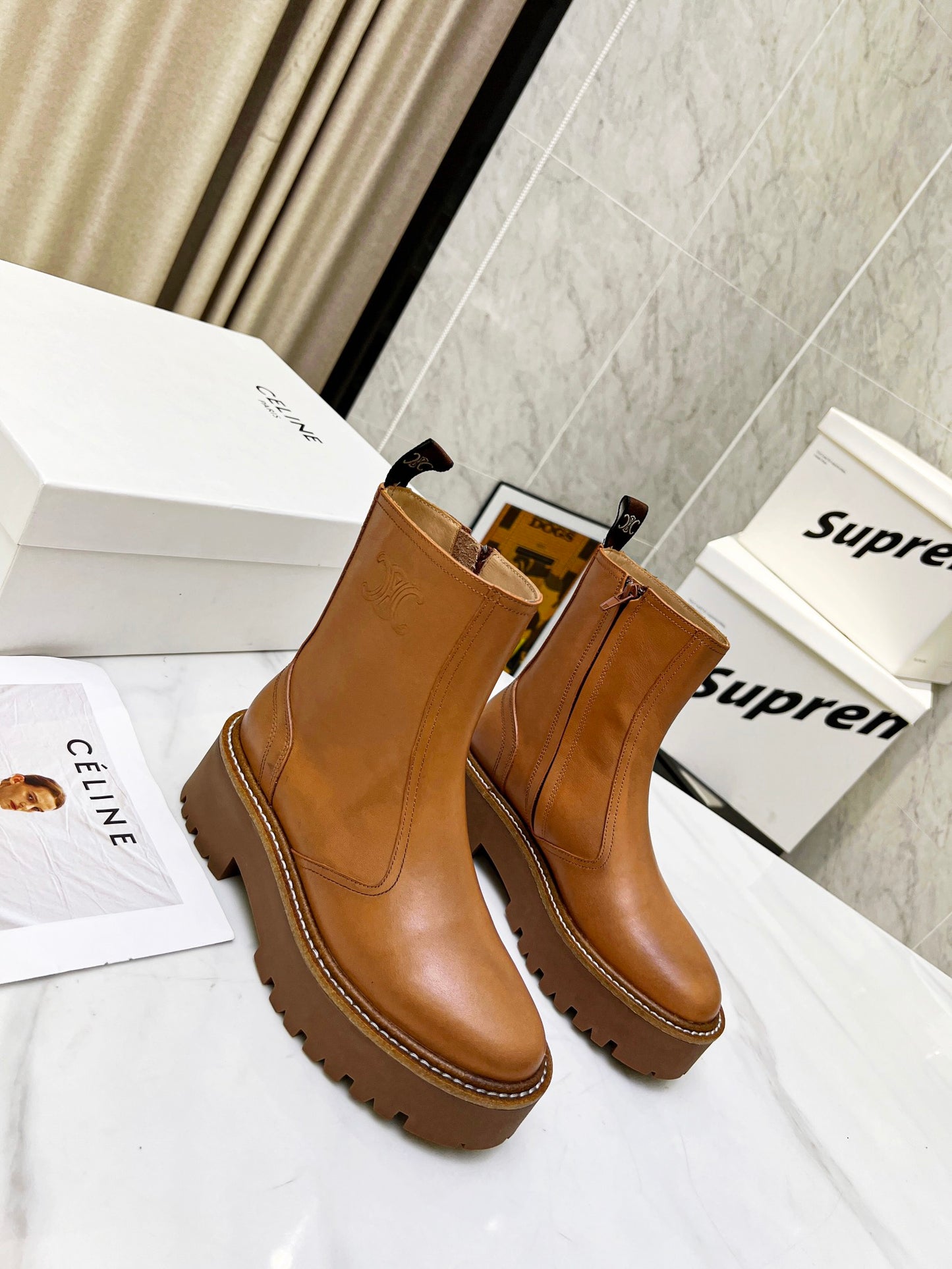 Celine Brown Leather Ankle Boots With Platform Sole And Branding