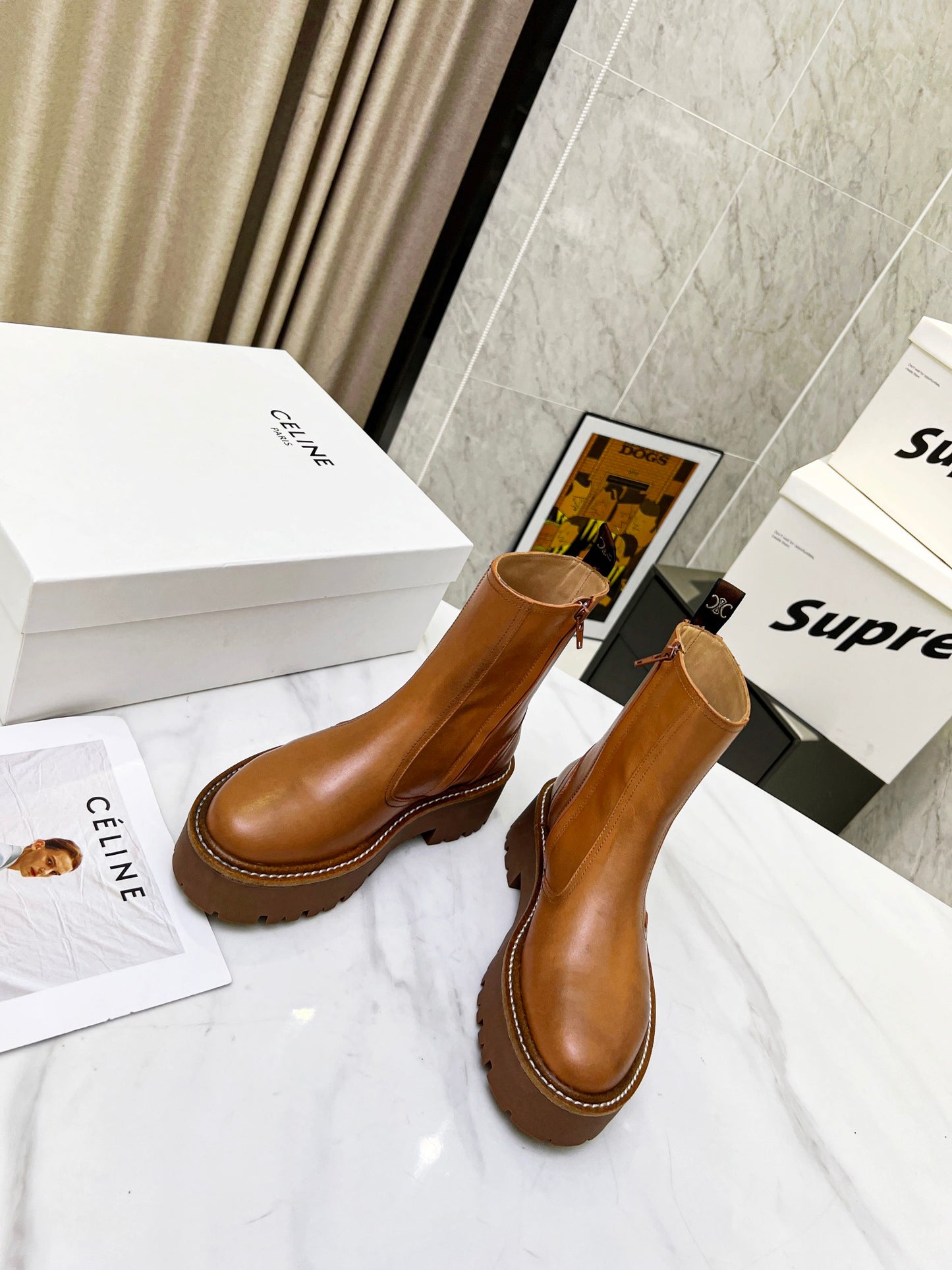 Celine Brown Leather Ankle Boots With Platform Sole And Branding