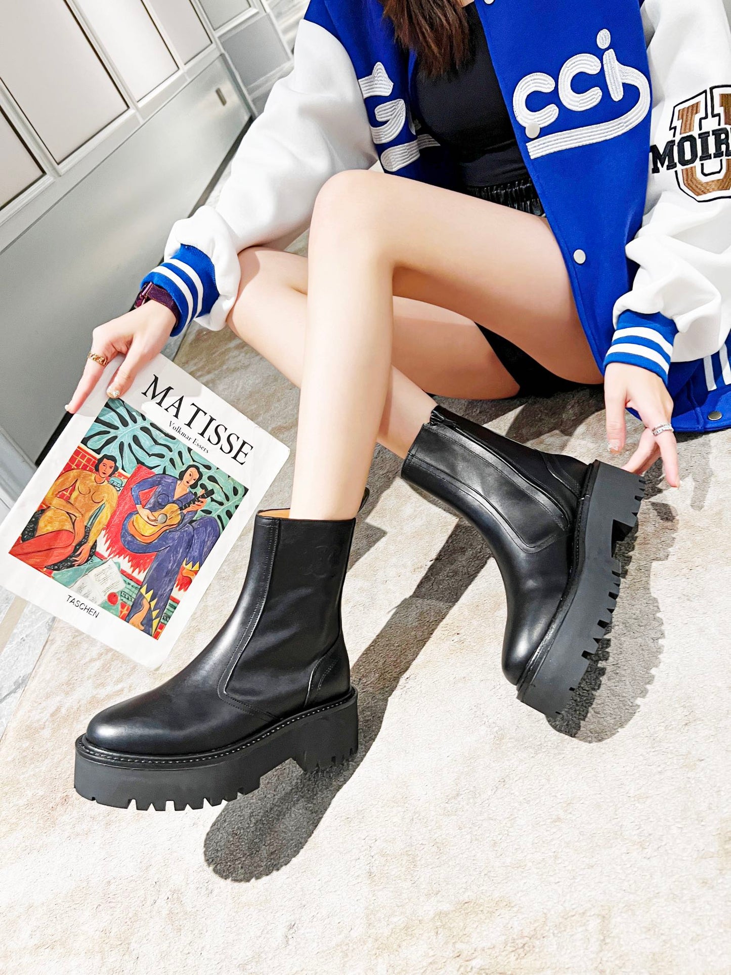 Celine Black Leather Ankle Boots With Platform Sole And Branding
