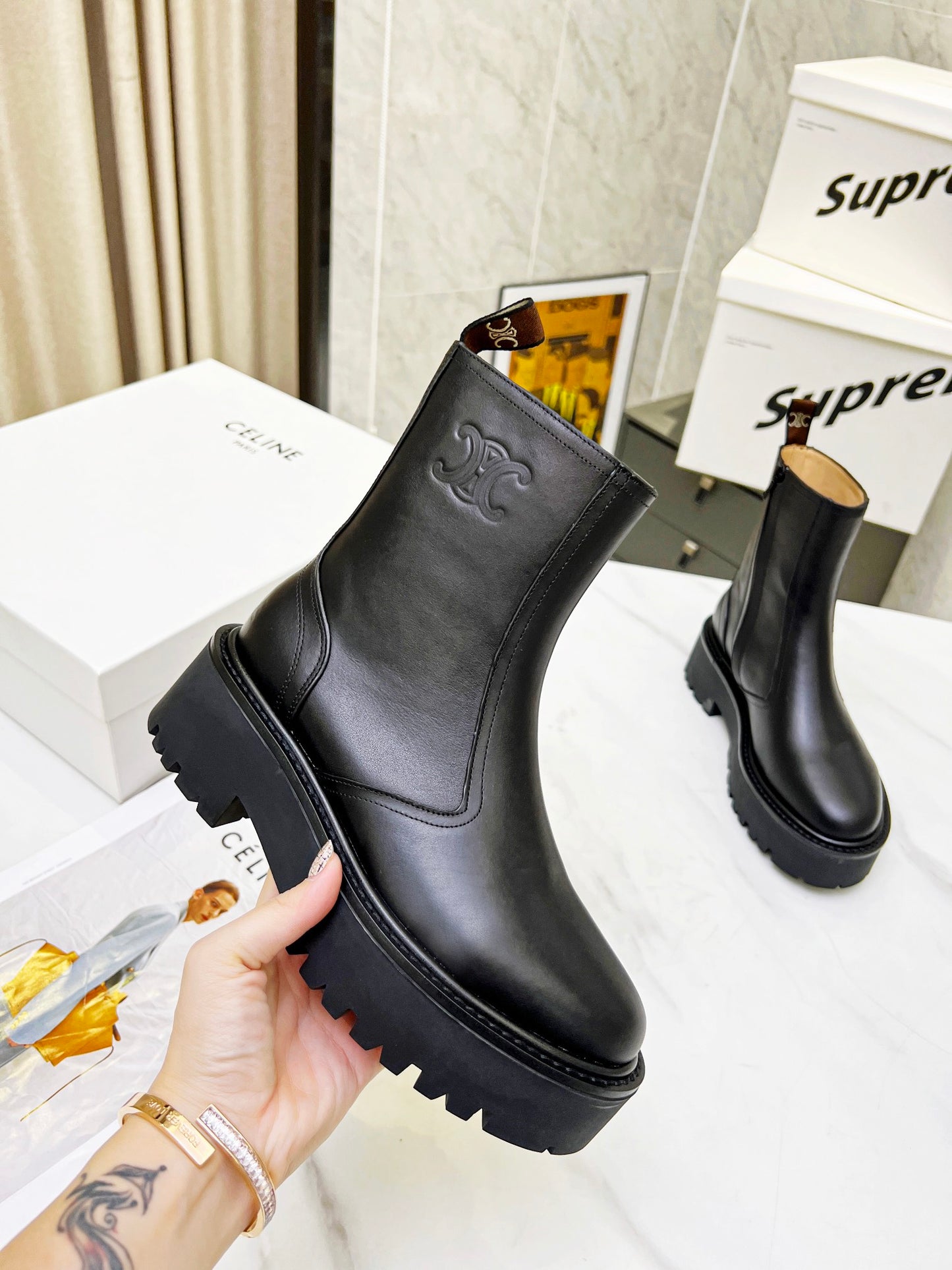 Celine Black Leather Ankle Boots With Platform Sole And Branding