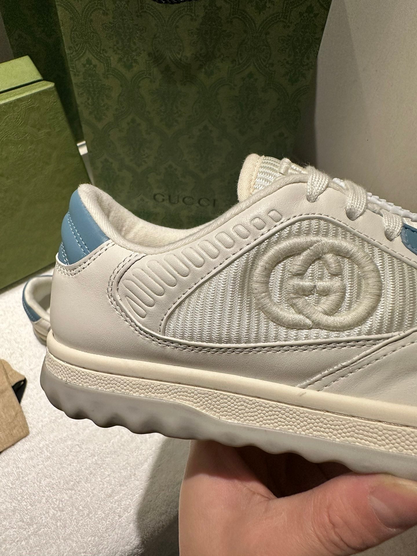 Gucci MAC80 Cream And Blue Leather Sneakers With Interlocking G