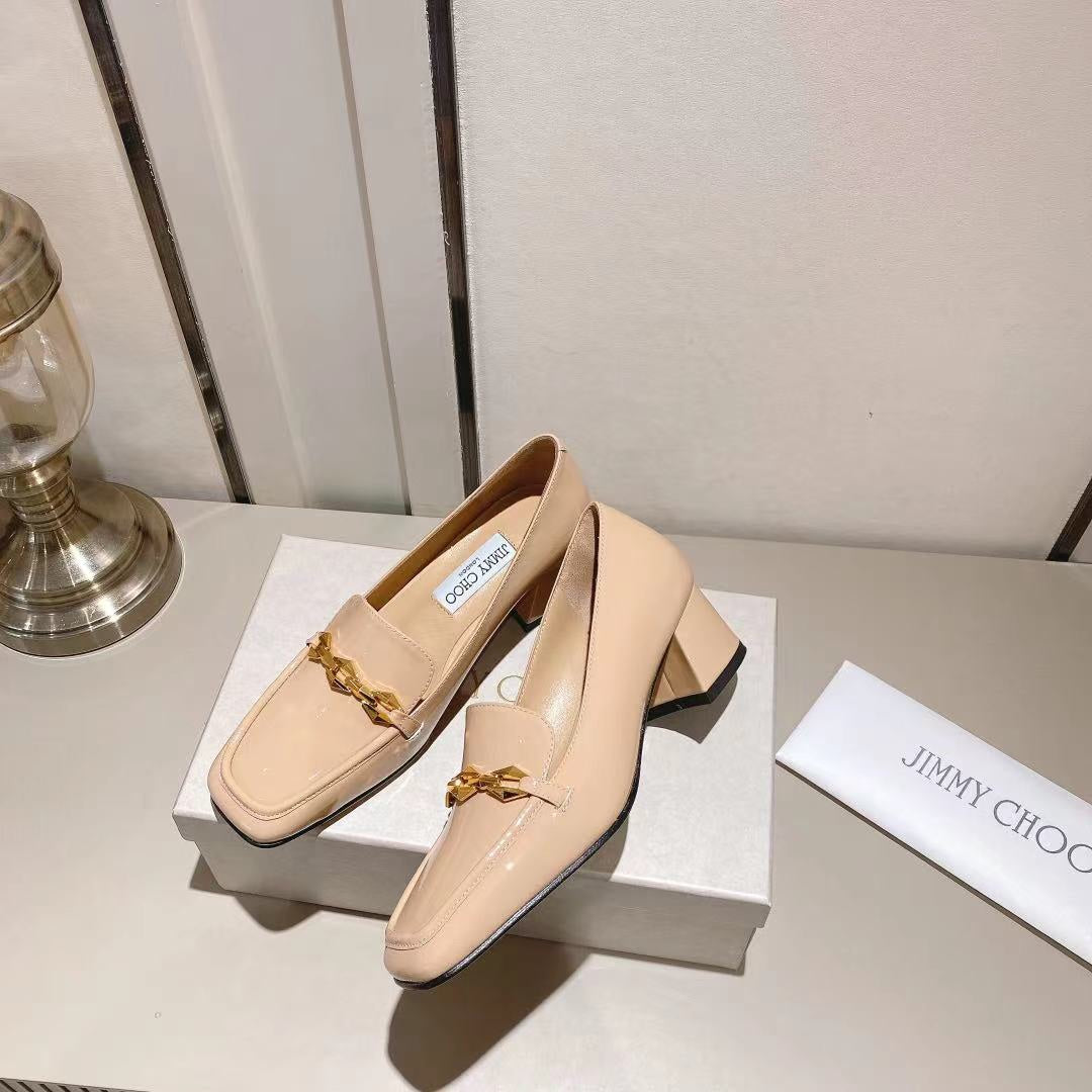 Jimmy Choo Women's Beige Patent Leather Chain - Decorated Loafers