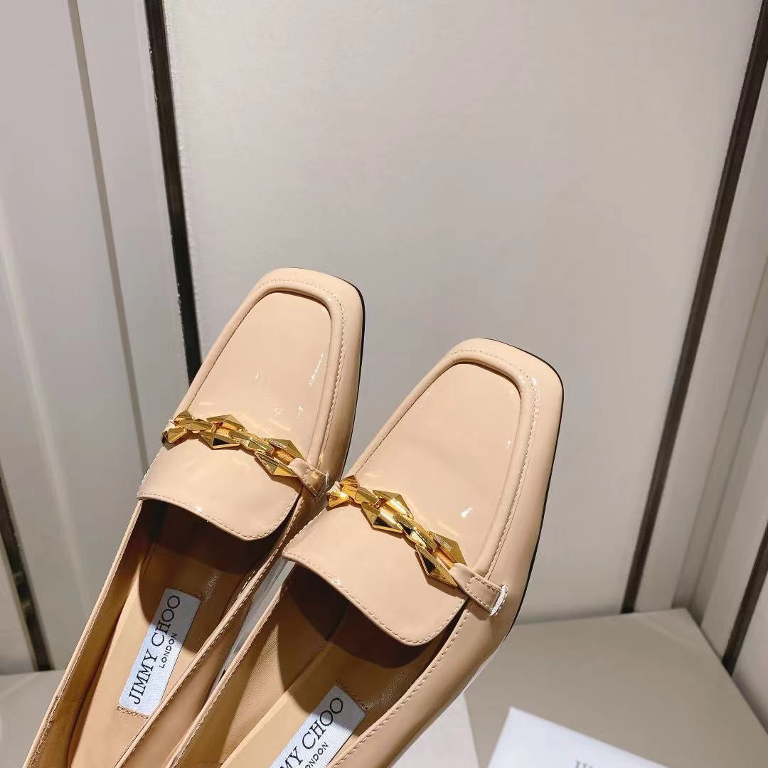 Jimmy Choo Women's Beige Patent Leather Chain - Decorated Loafers