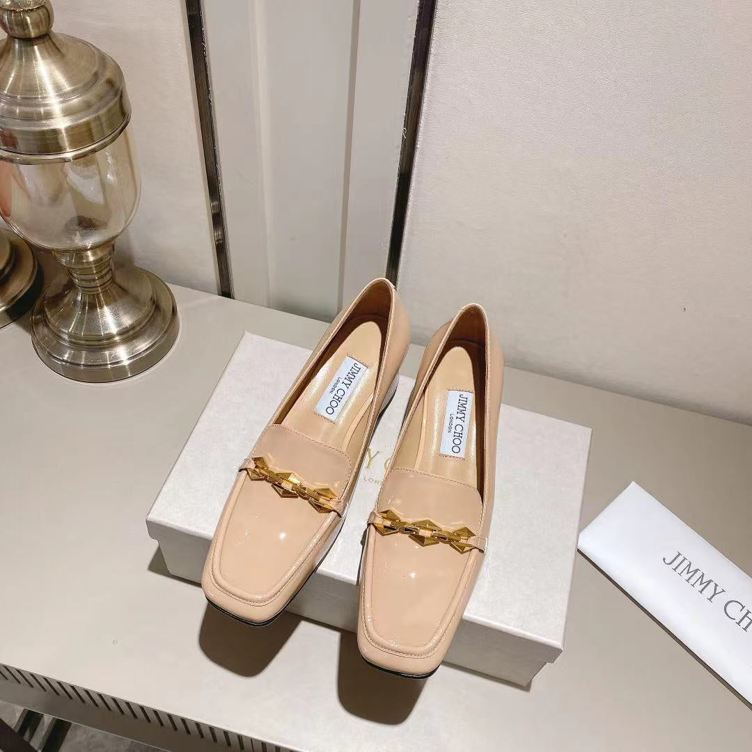 Jimmy Choo Women's Beige Patent Leather Chain - Decorated Loafers