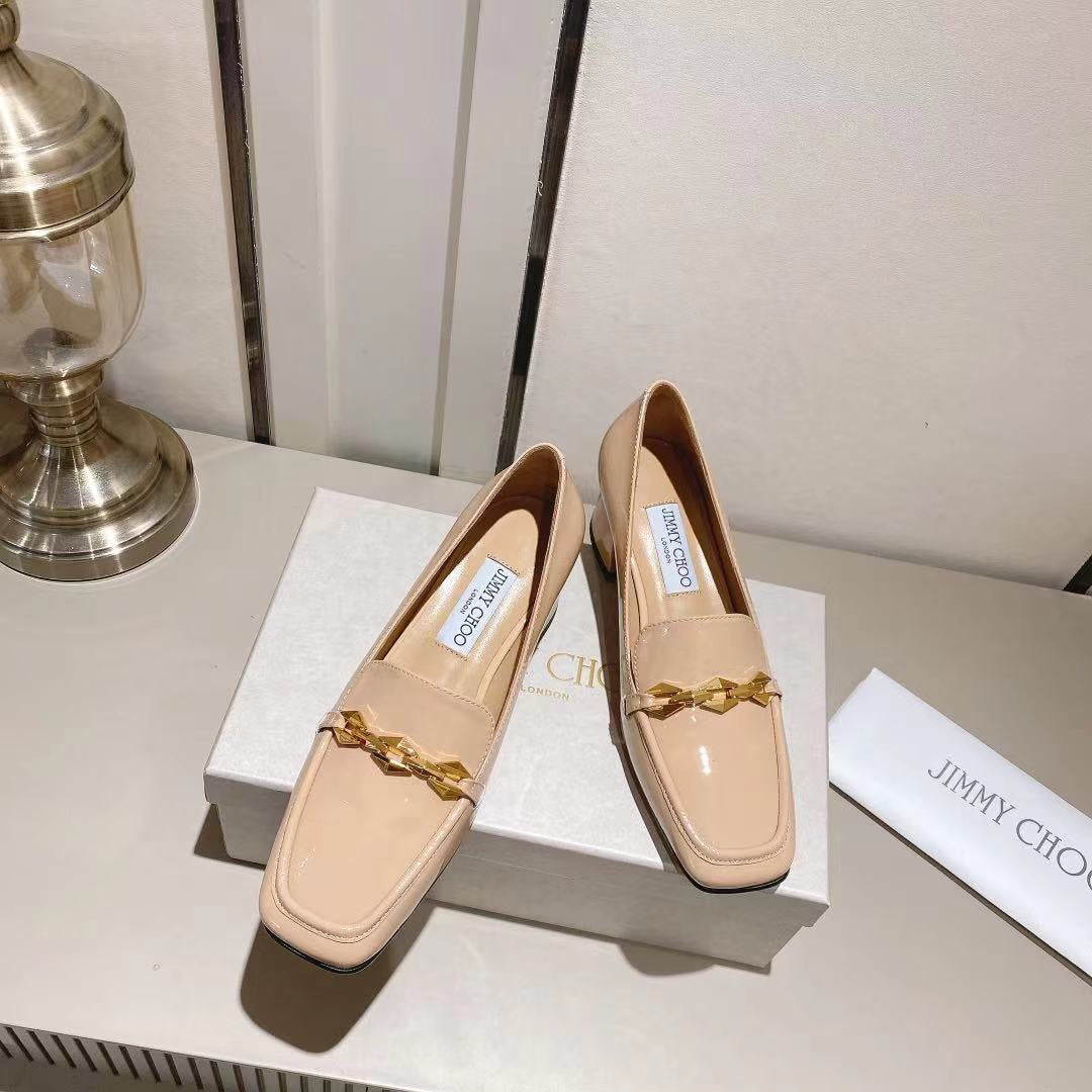 Jimmy Choo Women's Beige Patent Leather Chain - Decorated Loafers