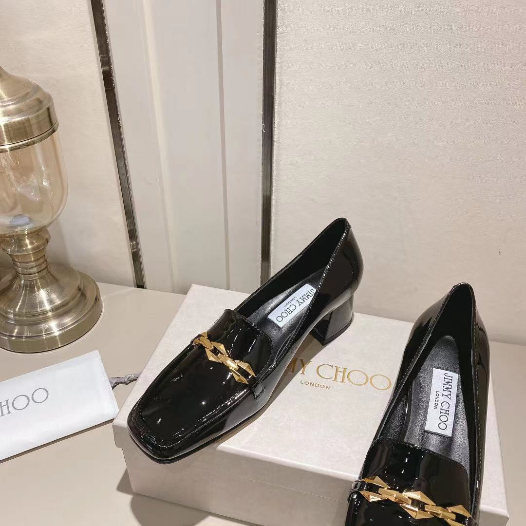 Jimmy Choo Women's Black Patent Leather Chain - Accented Loafers