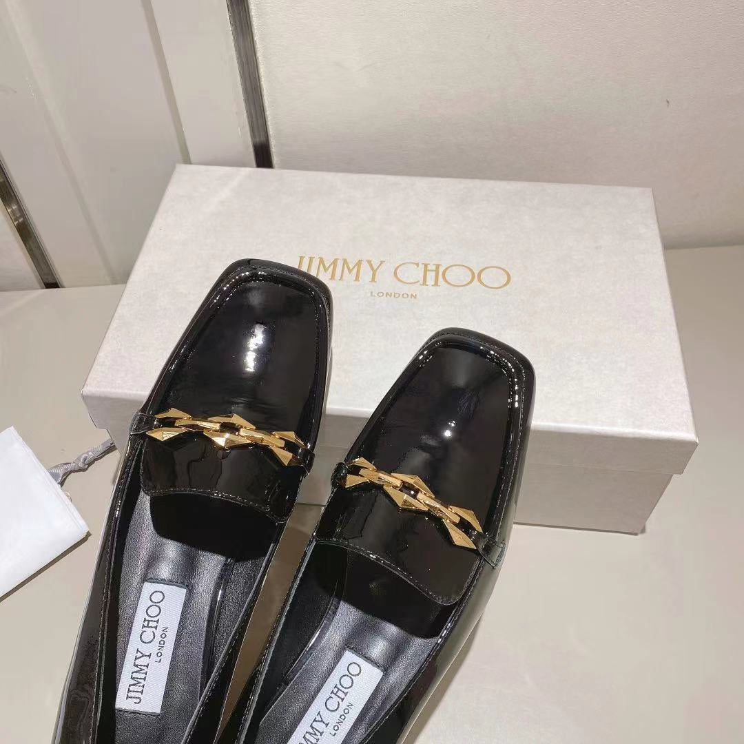Jimmy Choo Women's Black Patent Leather Chain - Accented Loafers