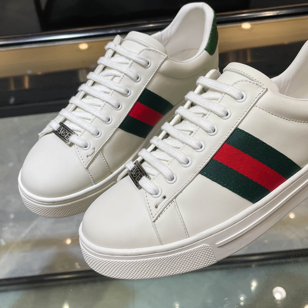 Gucci White Leather Sneakers With Web Stripes