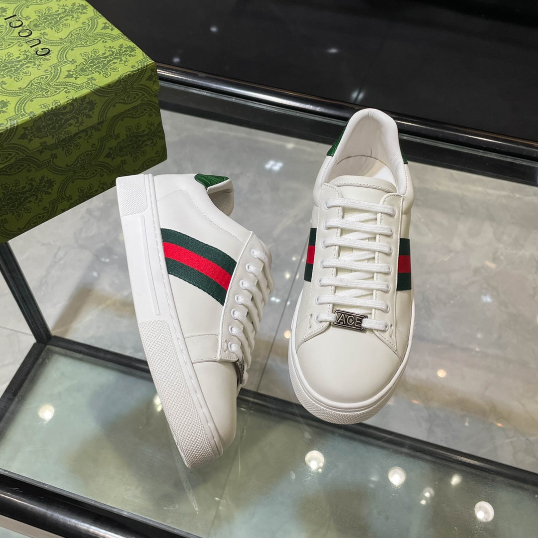 Gucci White Leather Sneakers With Web Stripes