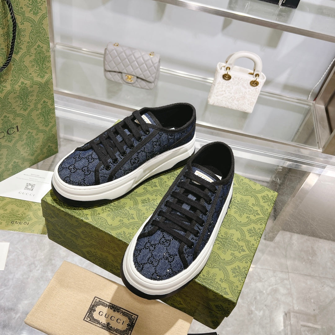 Gucci TENNIS 1977 Women's Denim Platform Sneakers With GG Motif