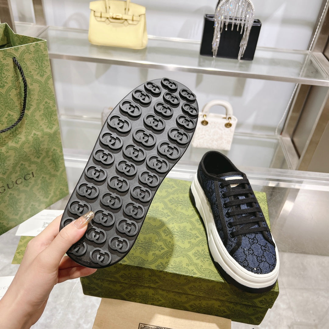 Gucci TENNIS 1977 Women's Denim Platform Sneakers With GG Motif