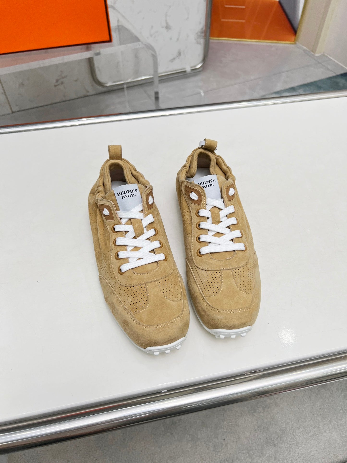 Hermès Unisex Beige Suede Sneakers For Luxury Casual Comfort