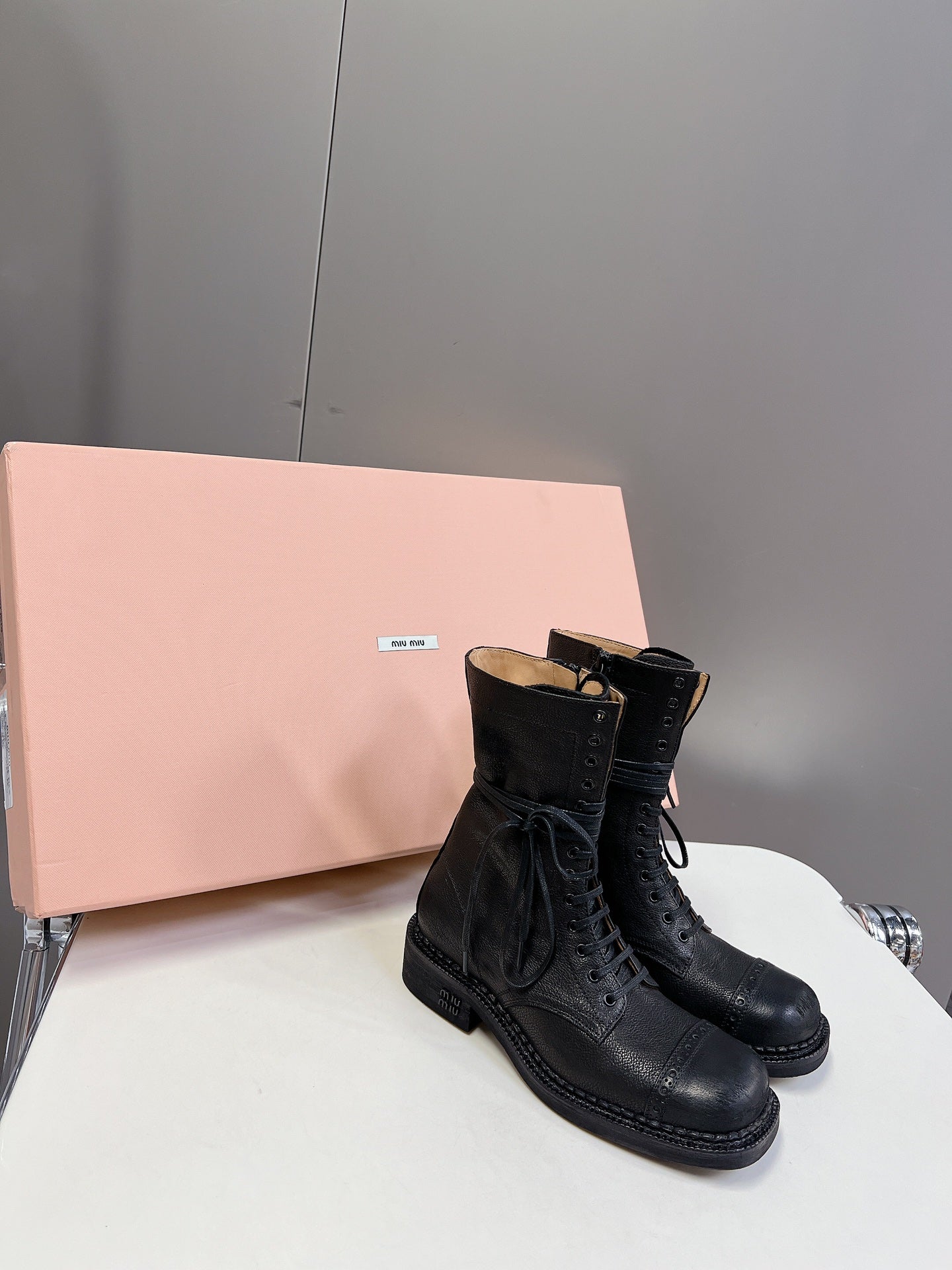 Miu Miu Women's Black Leather Lace - Up Mid - Calf Boots