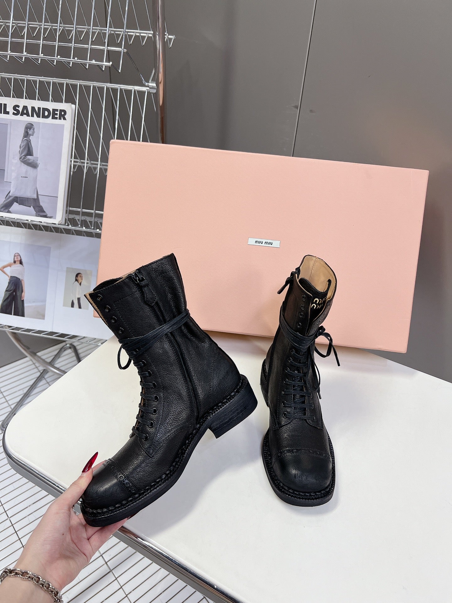 Miu Miu Women's Black Leather Lace - Up Mid - Calf Boots