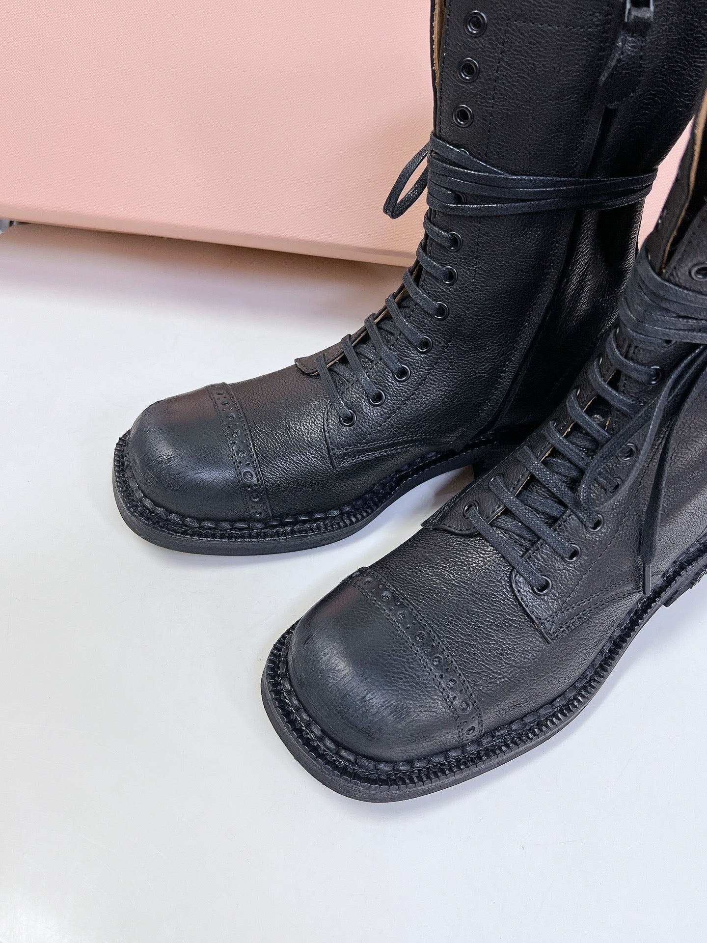 Miu Miu Women's Black Leather Lace - Up Mid - Calf Boots
