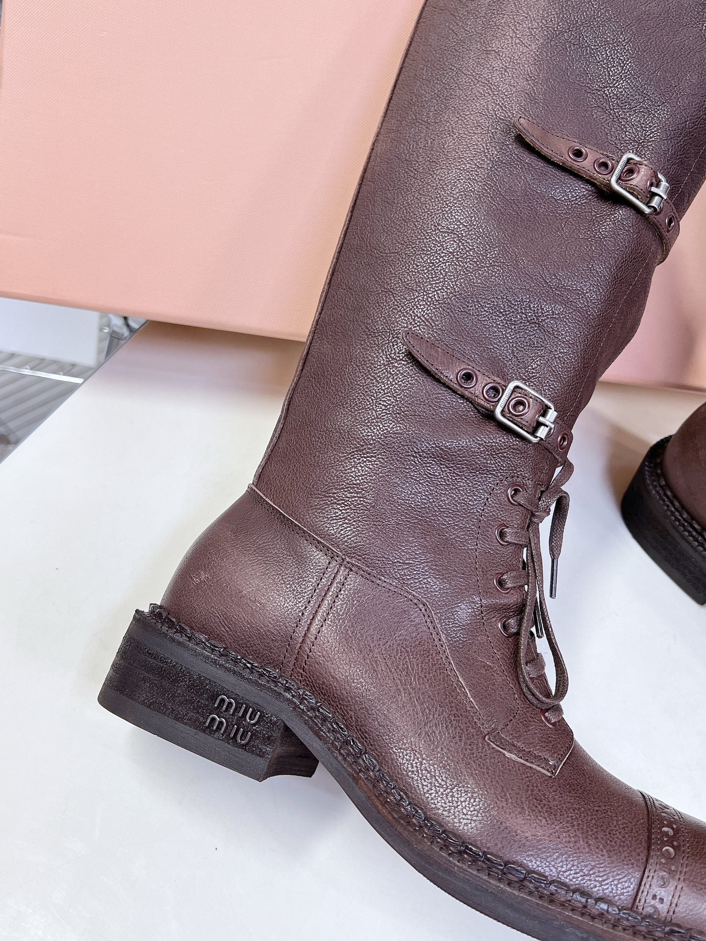 Miu Miu Women's Brown Leather Buckle - Strap Knee - High Boots