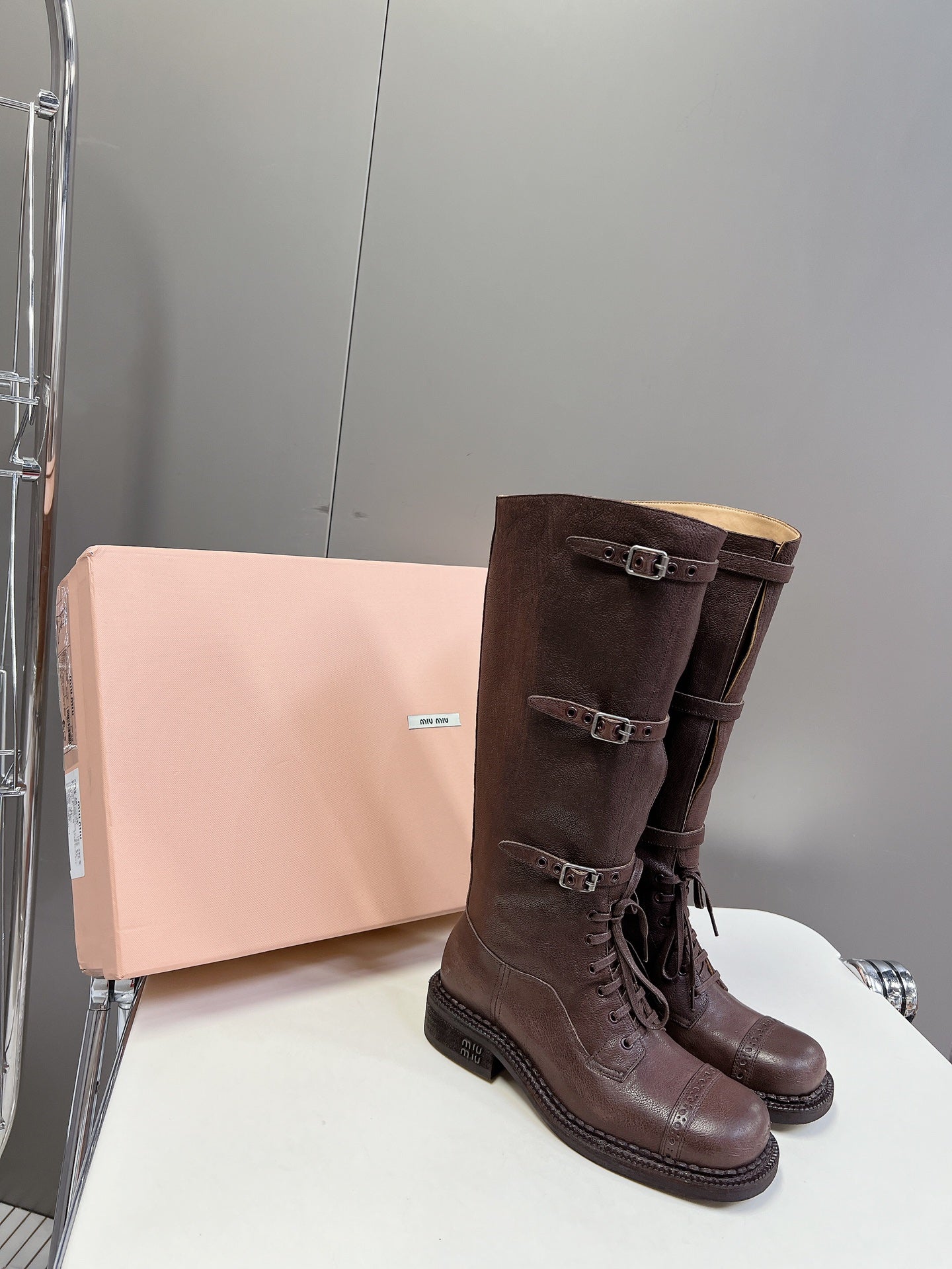 Miu Miu Women's Brown Leather Buckle - Strap Knee - High Boots