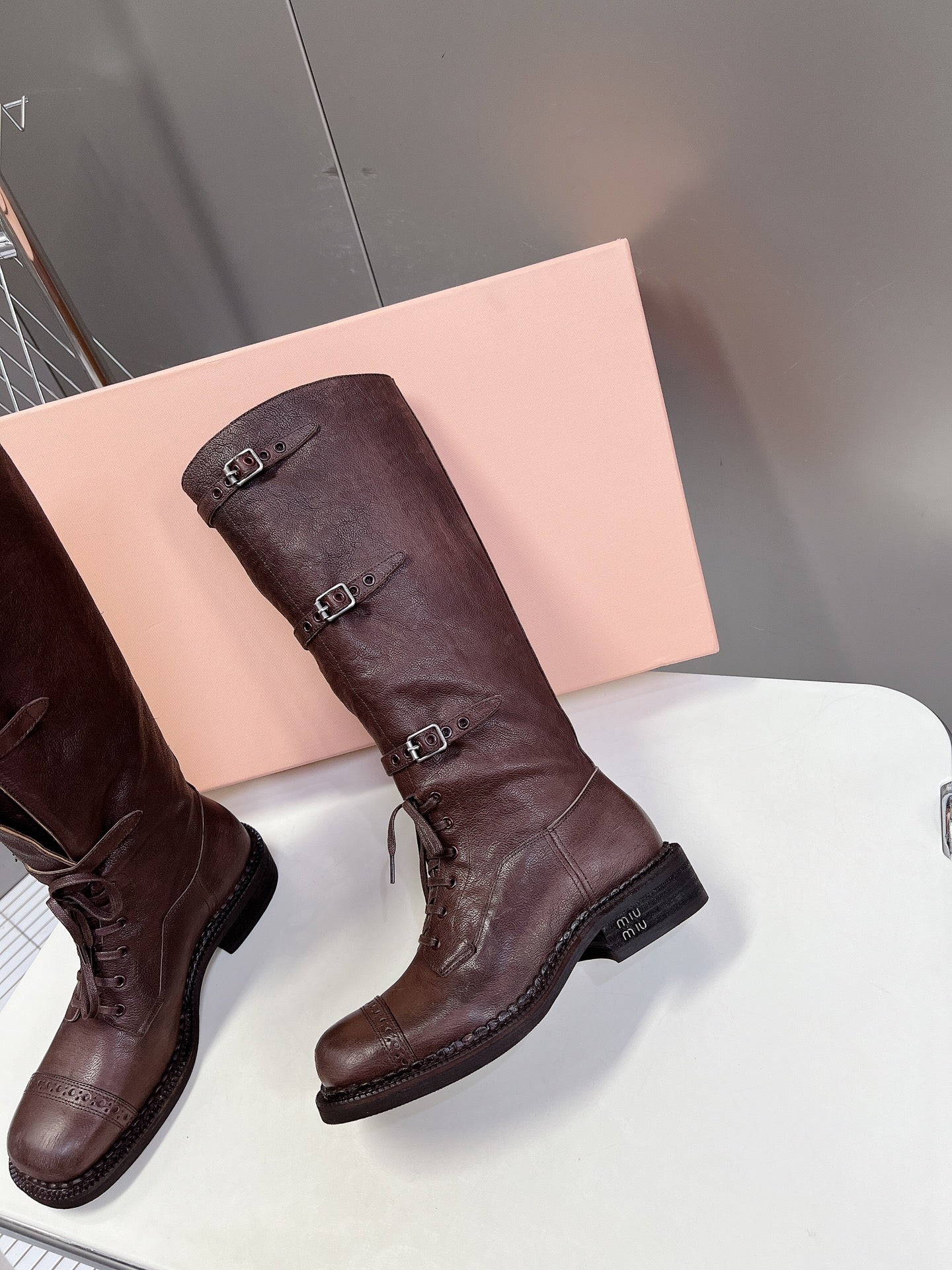 Miu Miu Women's Brown Leather Buckle - Strap Knee - High Boots