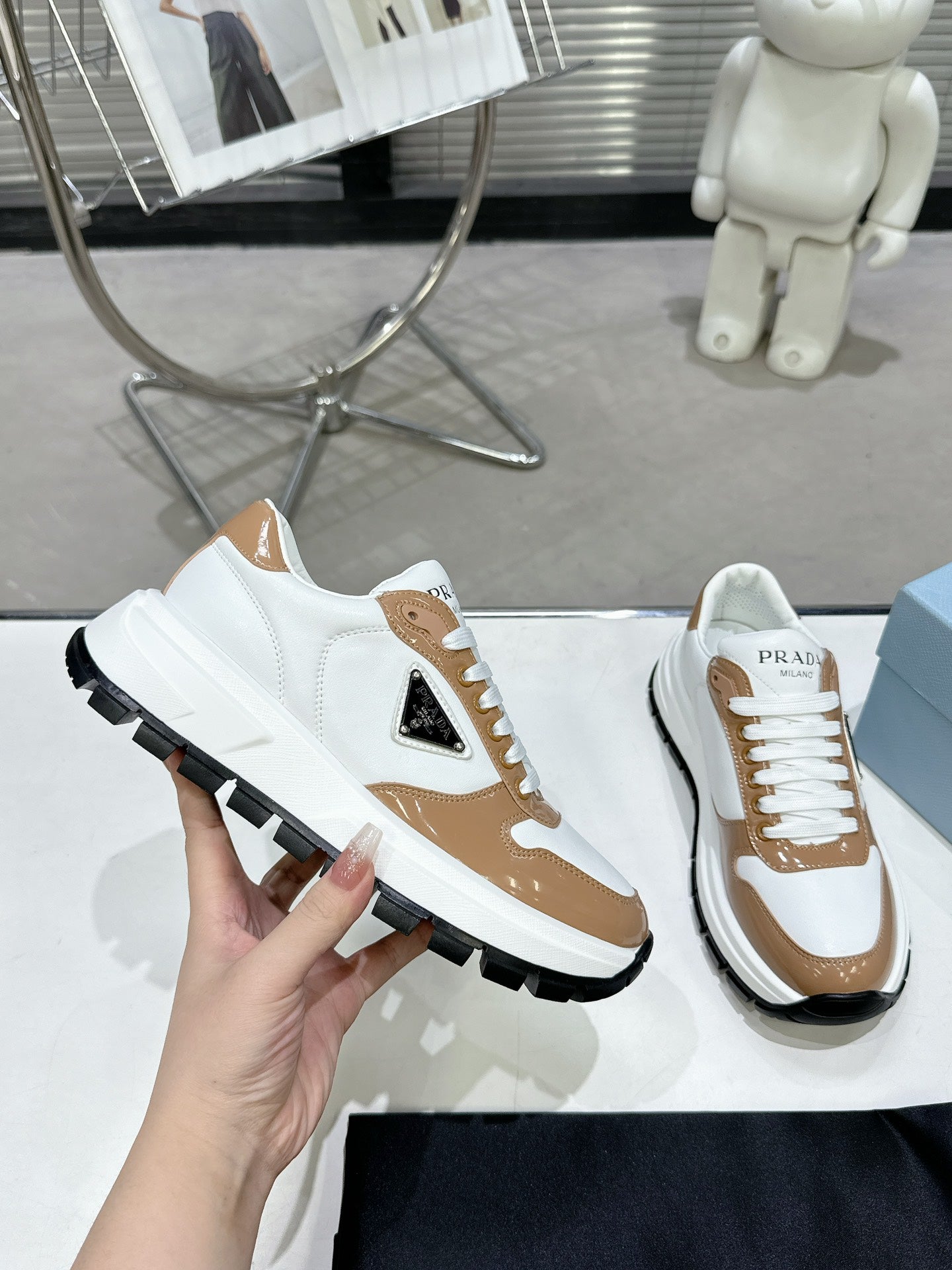 Unisex Prada White And Brown Chunky Platform Sneakers With Triangle Logo