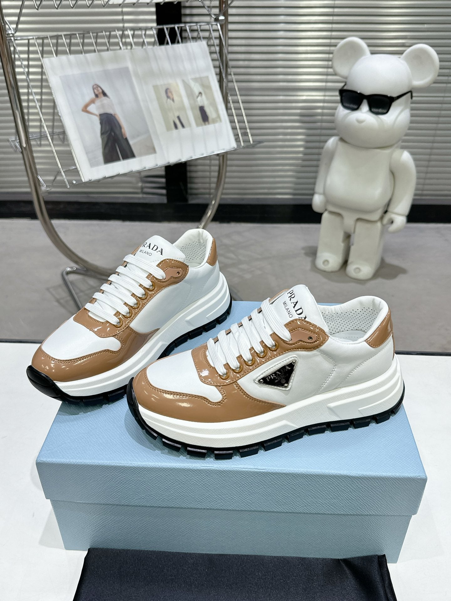 Unisex Prada White And Brown Chunky Platform Sneakers With Triangle Logo