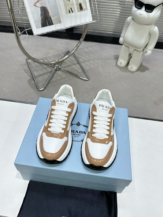Unisex Prada White And Brown Chunky Platform Sneakers With Triangle Logo
