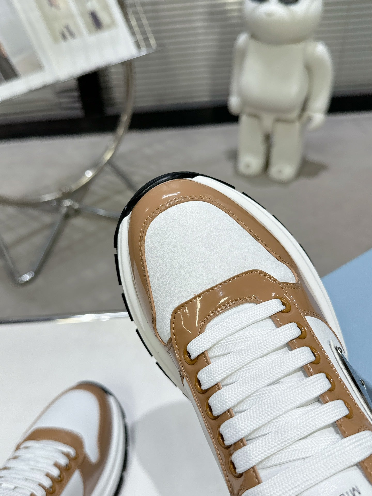 Unisex Prada White And Brown Chunky Platform Sneakers With Triangle Logo