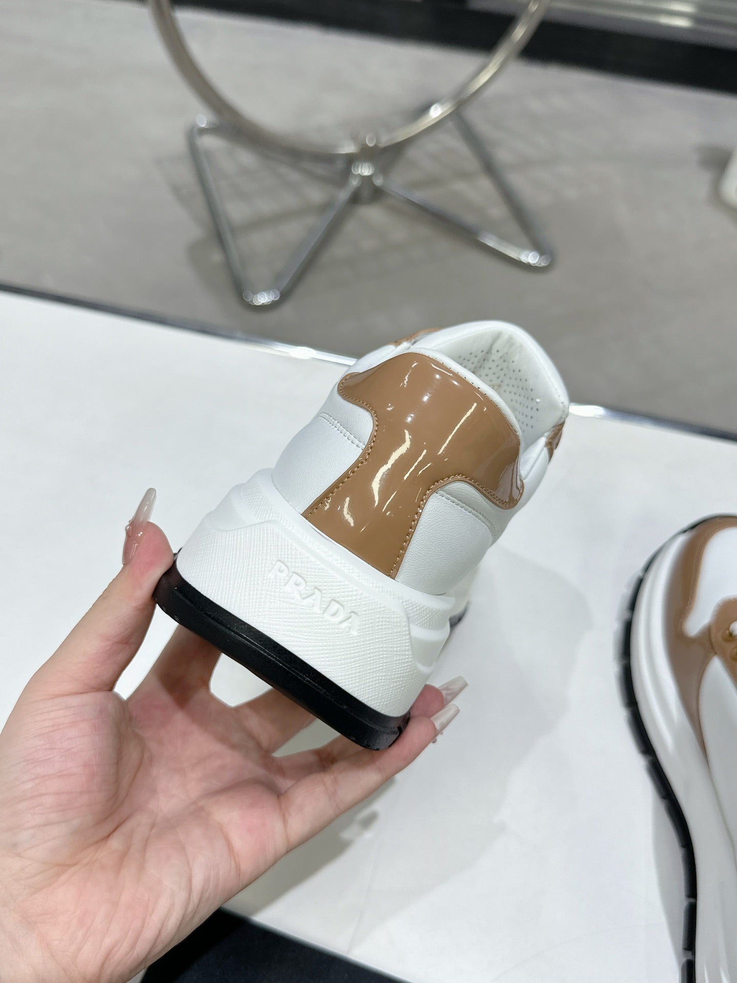 Unisex Prada White And Brown Chunky Platform Sneakers With Triangle Logo
