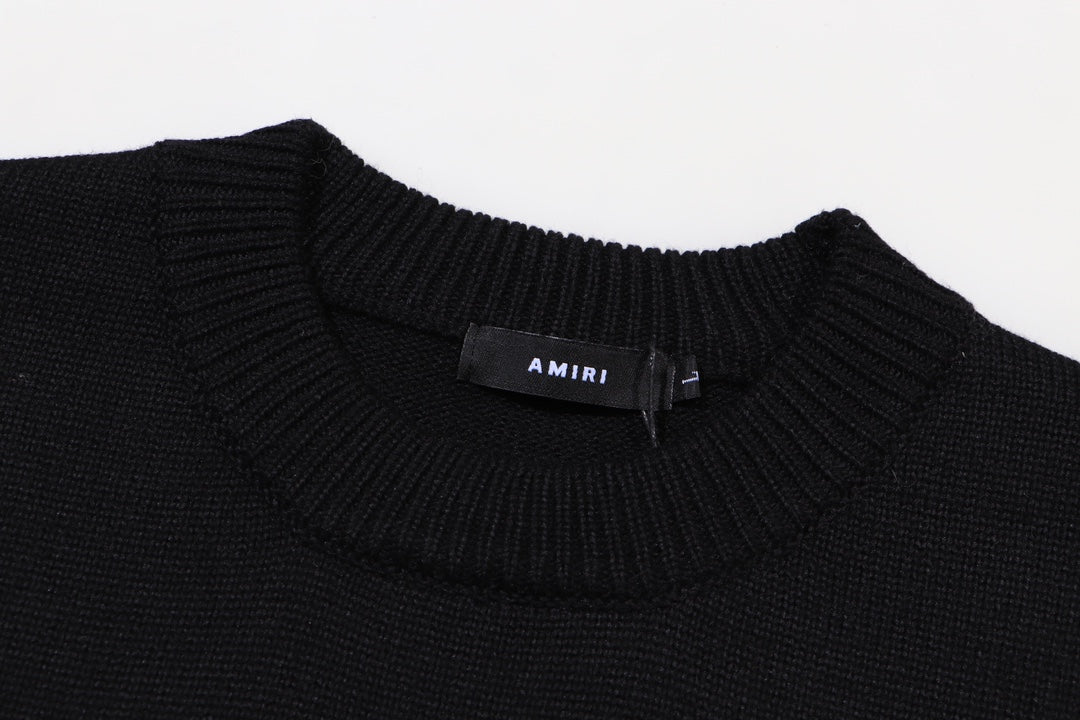 Amiri Men's Black Crew Neck Knitted Sweater With Artistic Brand Slogan