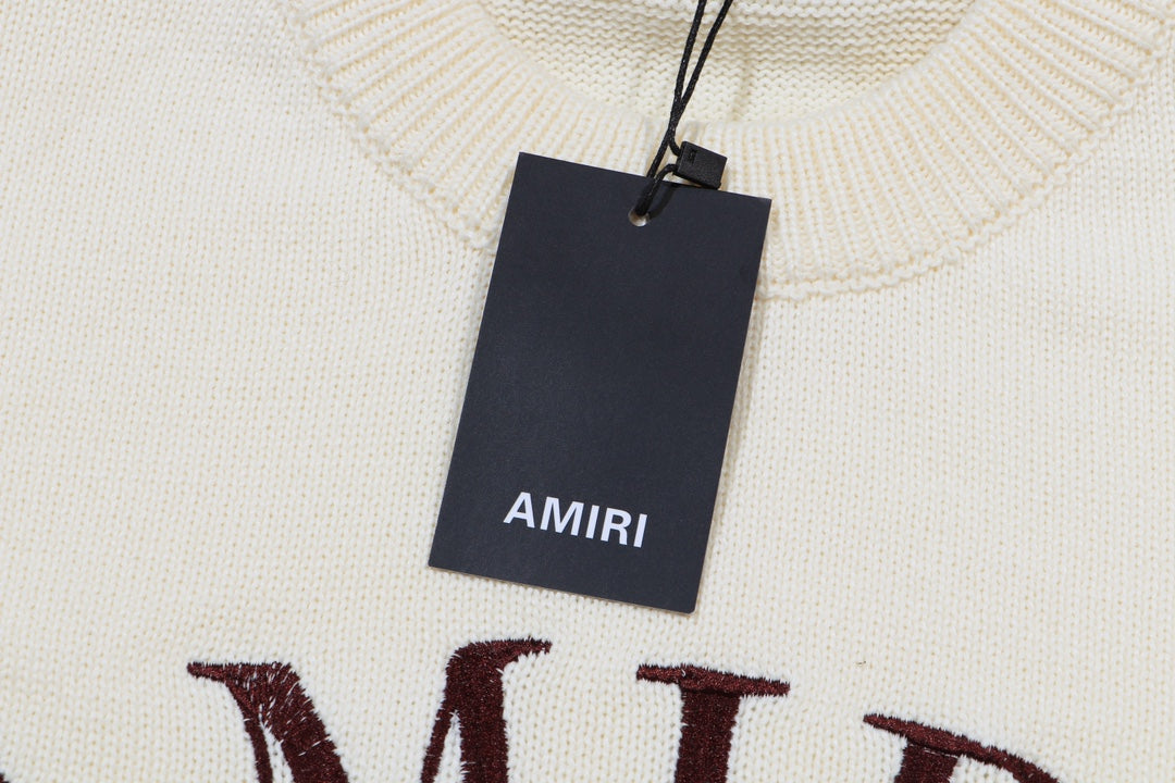 Amiri Men's Cream Crew Neck Knitted Sweater With Brand Slogan Print