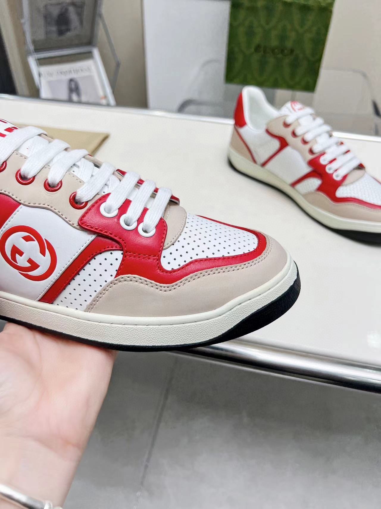 Gucci Screener Red White Leather Sneakers For Men And Women