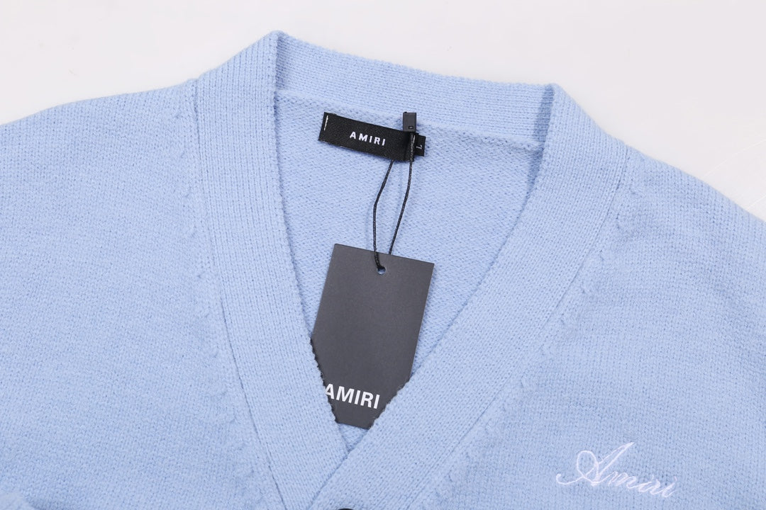 Amiri Men's Light Blue V - Neck Cardigan With Skeleton Print Details