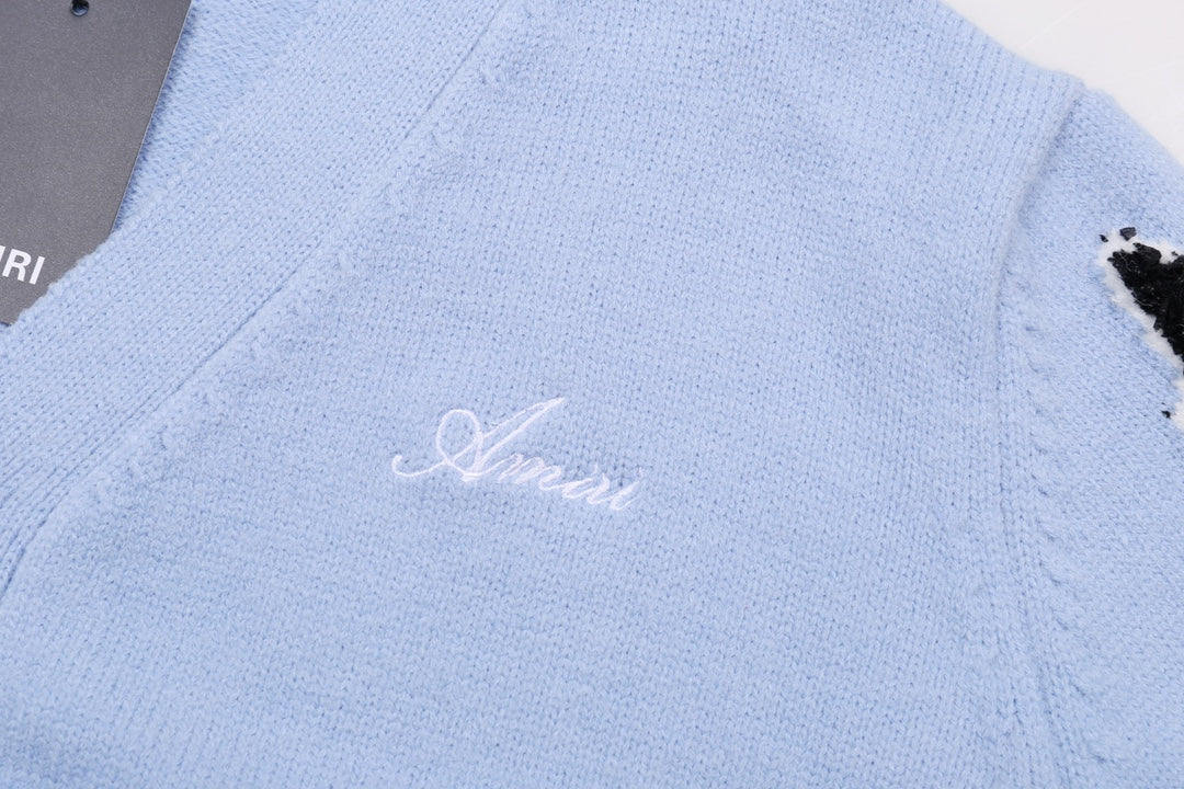 Amiri Men's Light Blue V - Neck Cardigan With Skeleton Print Details